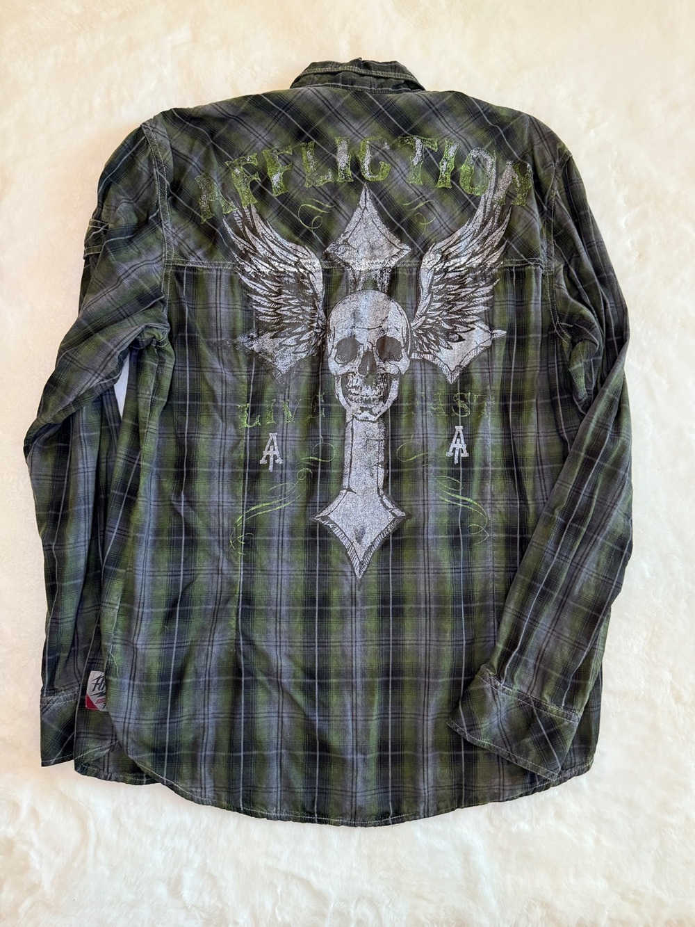 Affliction Men's Olive and Black Plaid Button-Down Shirt